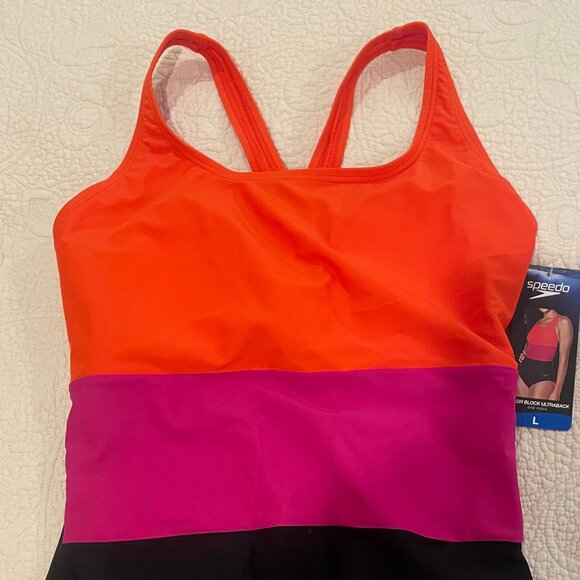 Size Large Speedo one-piece blue and pink striped swimsuit/bathing suit NWT - Picture 5 of 5